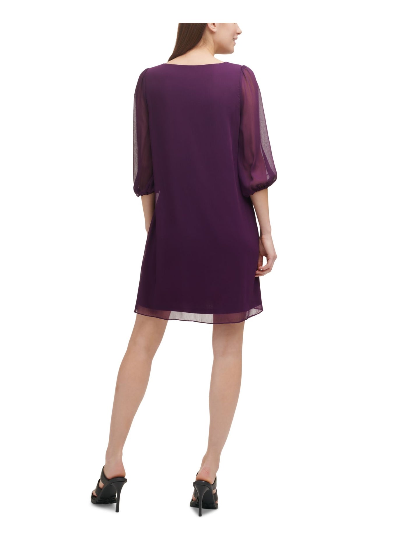 DKNY Womens Purple Balloon Sleeve V Neck Short Shift Dress 4