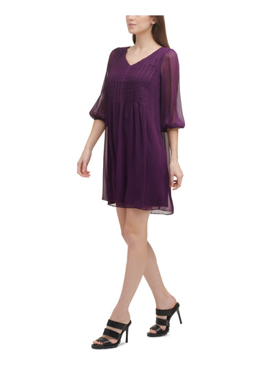 DKNY Womens Purple Balloon Sleeve V Neck Short Shift Dress 4