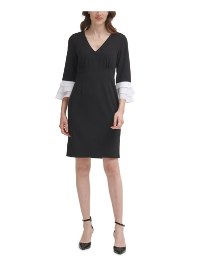 DKNY Womens Black Zippered Darted 3/4 Ruffle-sleeve V Neck Wear To Work Dress 6