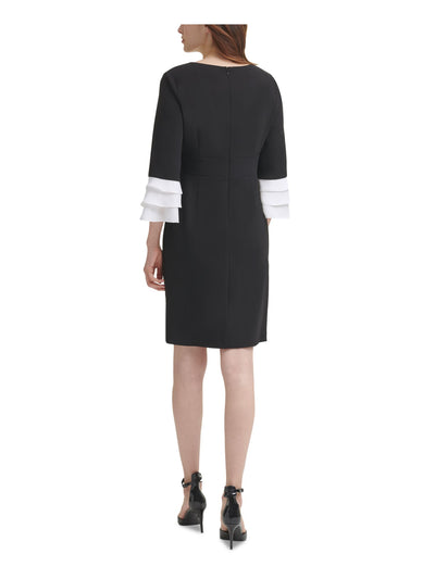 DKNY Womens Black Stretch Zippered Darted 3/4 Ruffle-sleeve 3/4 Sleeve V Neck Above The Knee Wear To Work Sheath Dress 4