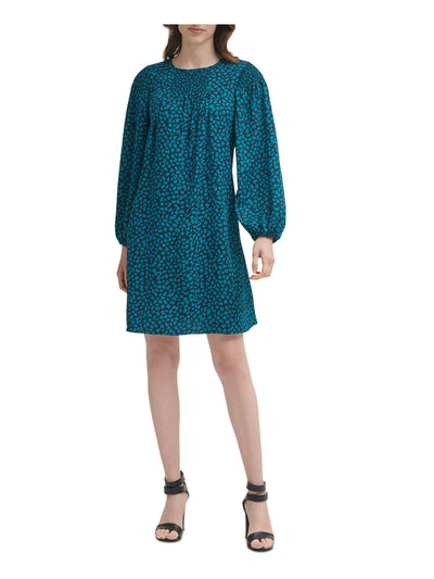 DKNY Womens Green Smocked Floral Long Sleeve Round Neck Short Evening Shift Dress 14