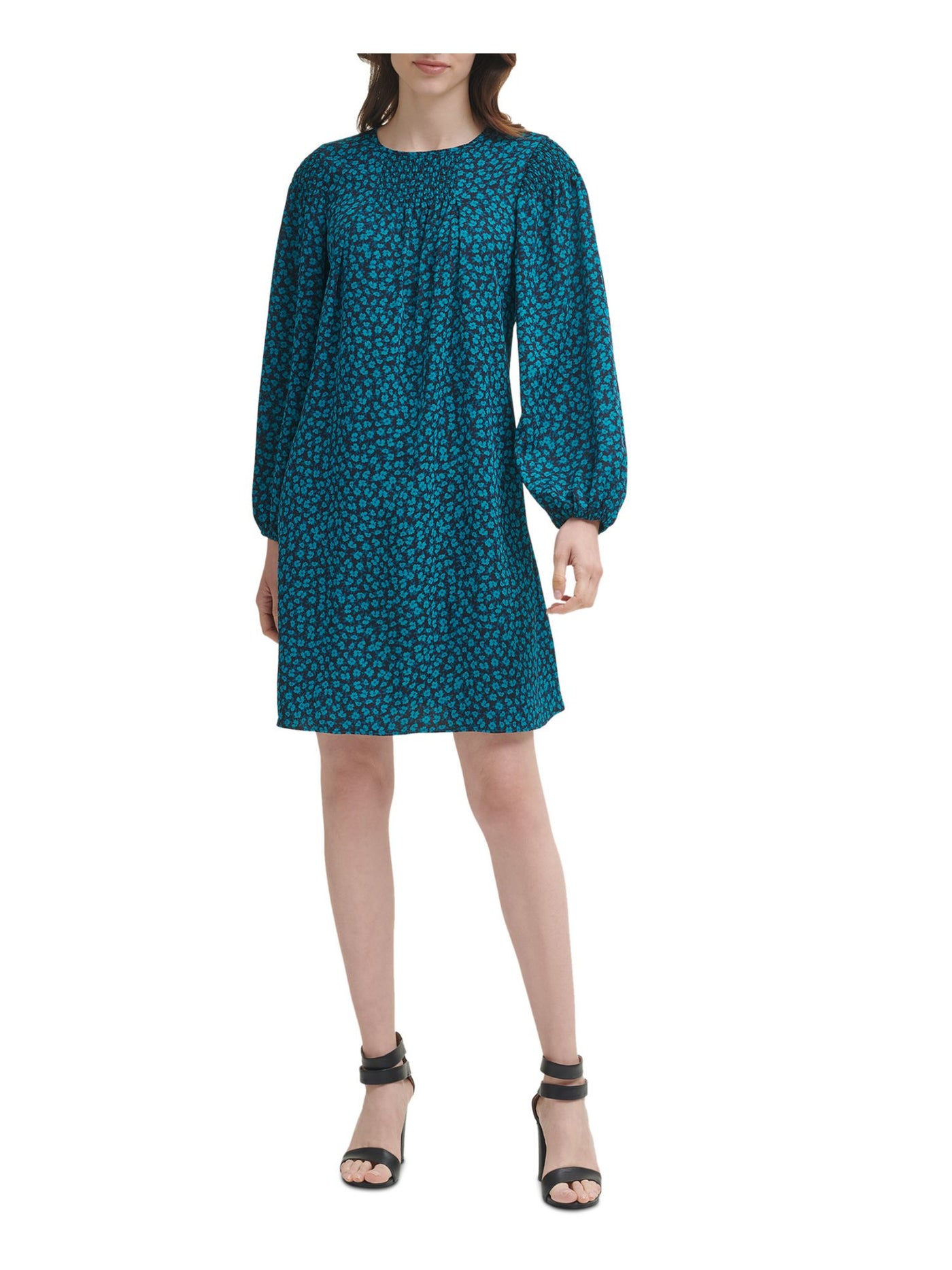 DKNY Womens Blue Smocked Floral Long Sleeve Round Neck Short Evening Shift Dress 2