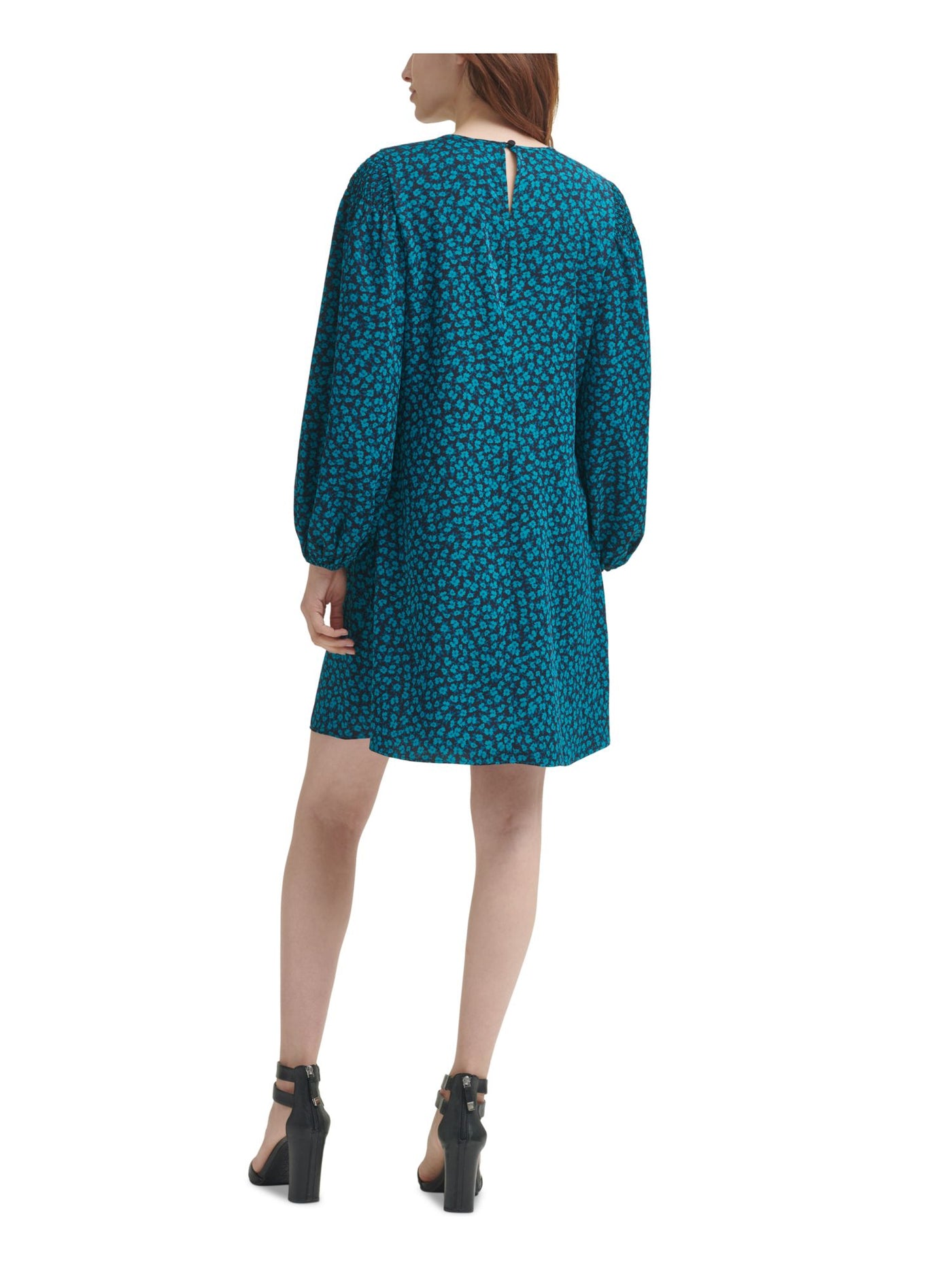 DKNY Womens Teal Smocked Floral Long Sleeve Round Neck Short Evening Shift Dress 12
