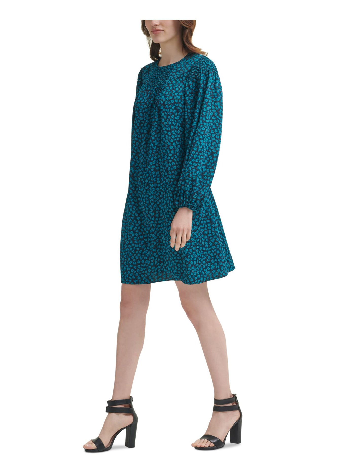 DKNY Womens Teal Smocked Floral Long Sleeve Round Neck Short Evening Shift Dress 12