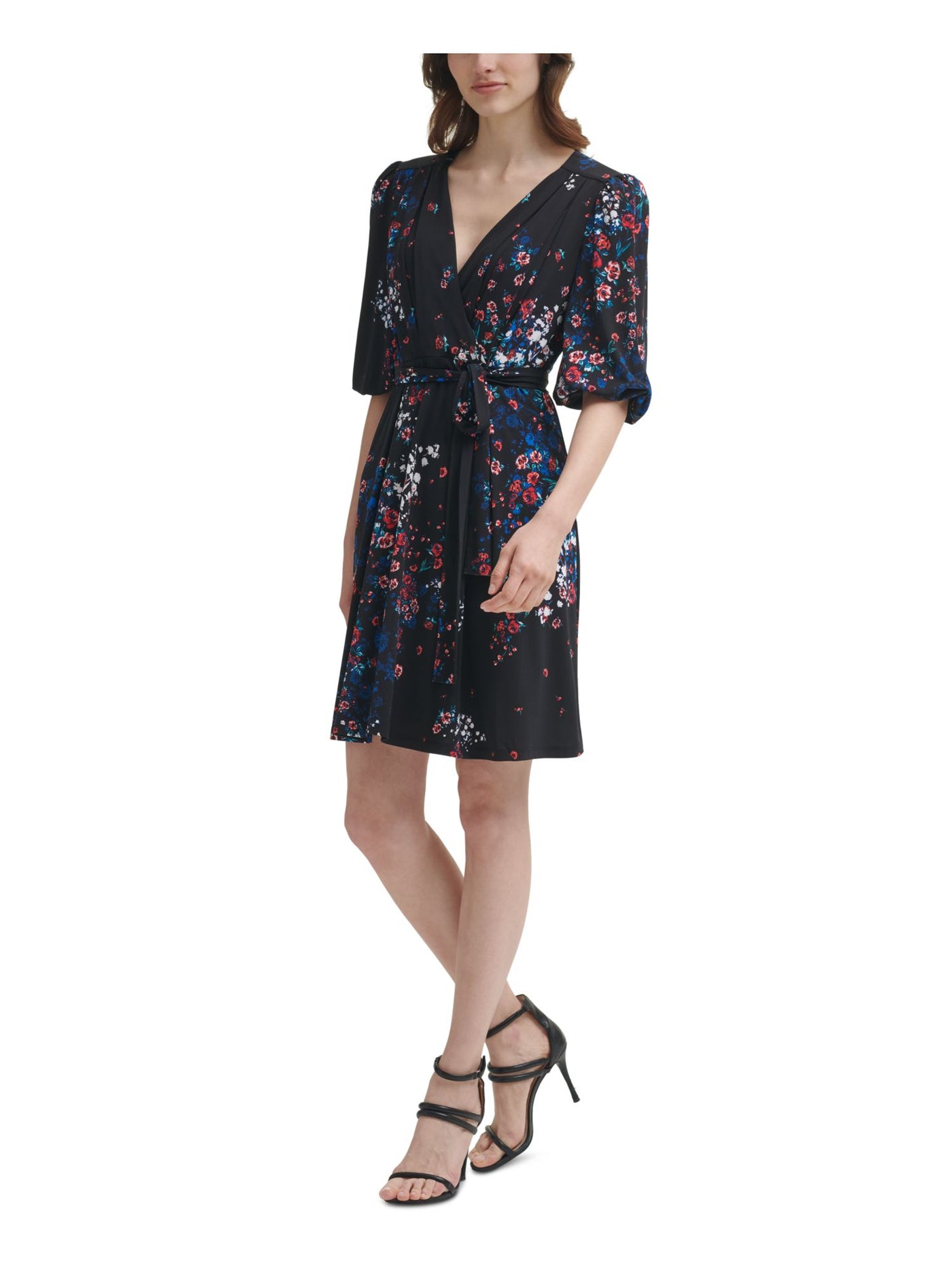 DKNY Womens Black Zippered Tie Floral Surplice Neckline Above The Knee Cocktail Shift Dress 10