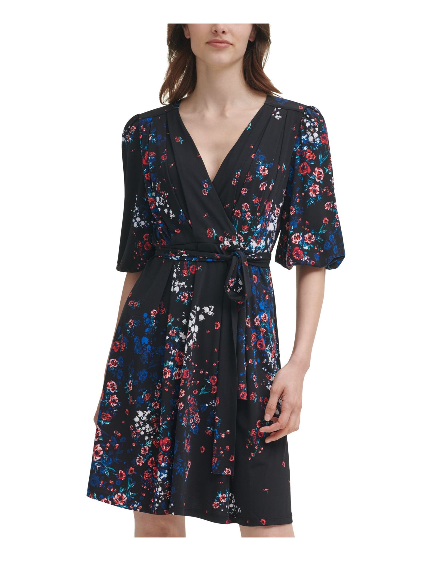DKNY Womens Black Zippered Tie Floral Surplice Neckline Above The Knee Cocktail Shift Dress 10