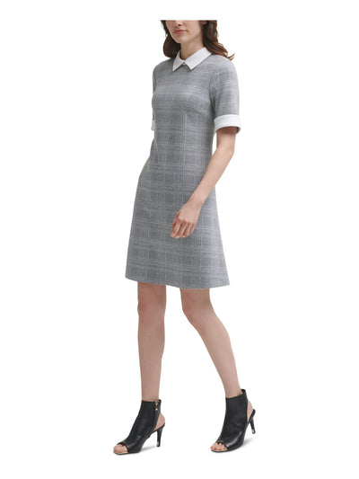 DKNY Womens Gray Stretch Zippered Plaid Short Sleeve Point Collar Above The Knee Wear To Work Shirt Dress 14