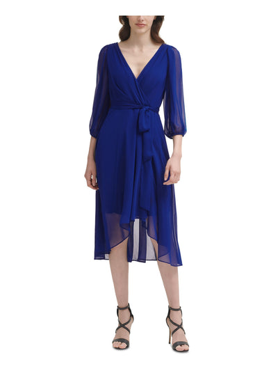 DKNY Womens Blue Zippered Belted Lined Balloon Sleeve Surplice Neckline Midi Wear To Work Faux Wrap Dress 4