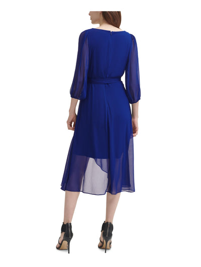 DKNY Womens Blue Zippered Belted Lined Balloon Sleeve Surplice Neckline Midi Wear To Work Faux Wrap Dress 4