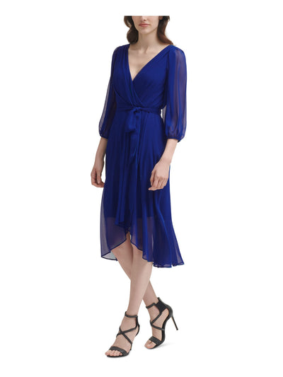 DKNY Womens Blue Zippered Belted Lined Balloon Sleeve Surplice Neckline Midi Wear To Work Faux Wrap Dress 4