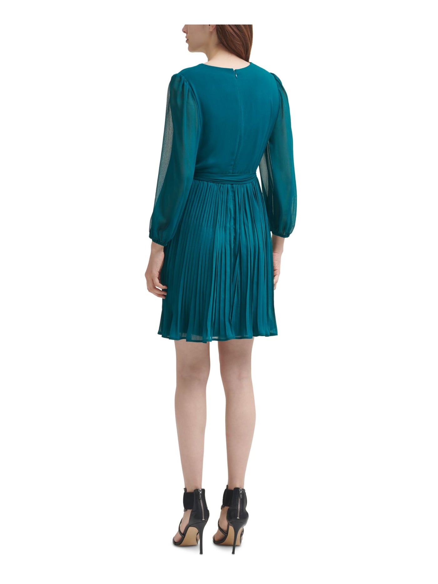 DKNY Womens Teal Tie Zippered Balloon Sleeve Surplice Neckline Above The Knee Cocktail Knife Pleated Dress 10