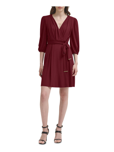 DKNY Womens Zippered Self Tie Belted Waist Lined Elbow Sleeve Surplice Neckline Above The Knee Party Fit + Flare Dress