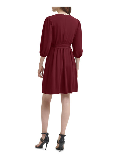 DKNY Womens Maroon Zippered Tie Waist Elbow Sleeve Surplice Neckline Above The Knee Party Fit + Flare Dress 12