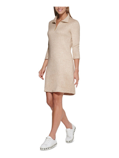 DKNY Womens Beige Knit Zippered Fitted Heather Long Sleeve Mock Neck Above The Knee Sweater Dress M