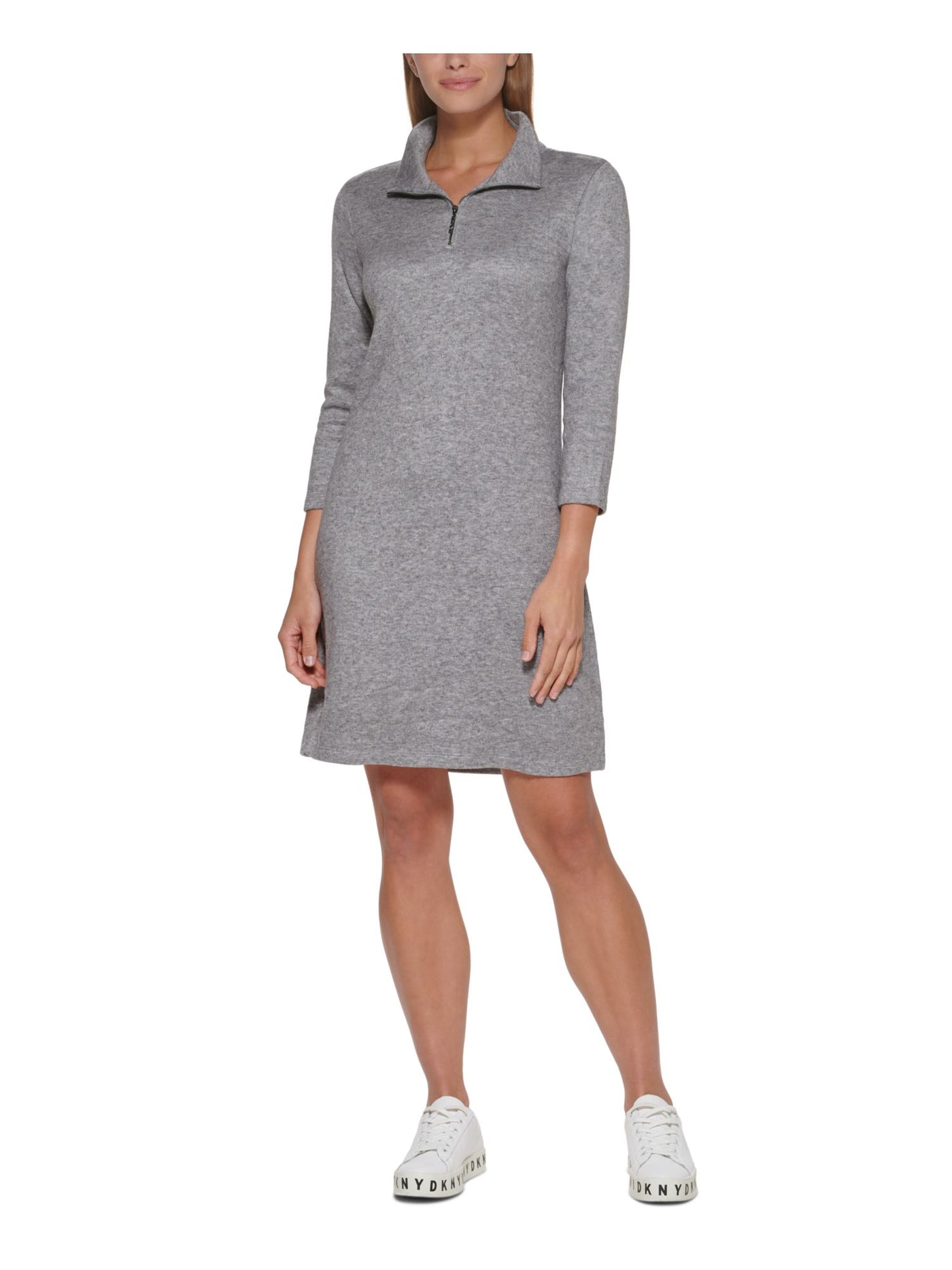 DKNY Womens Gray Knit Zippered Quarter Zip Heather Long Sleeve Mock Neck Above The Knee Sweater Dress M