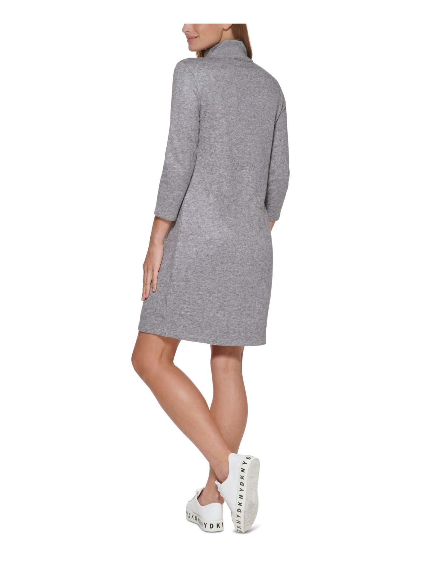 DKNY Womens Gray Knit Zippered Quarter Zip Heather Long Sleeve Mock Neck Above The Knee Sweater Dress XL