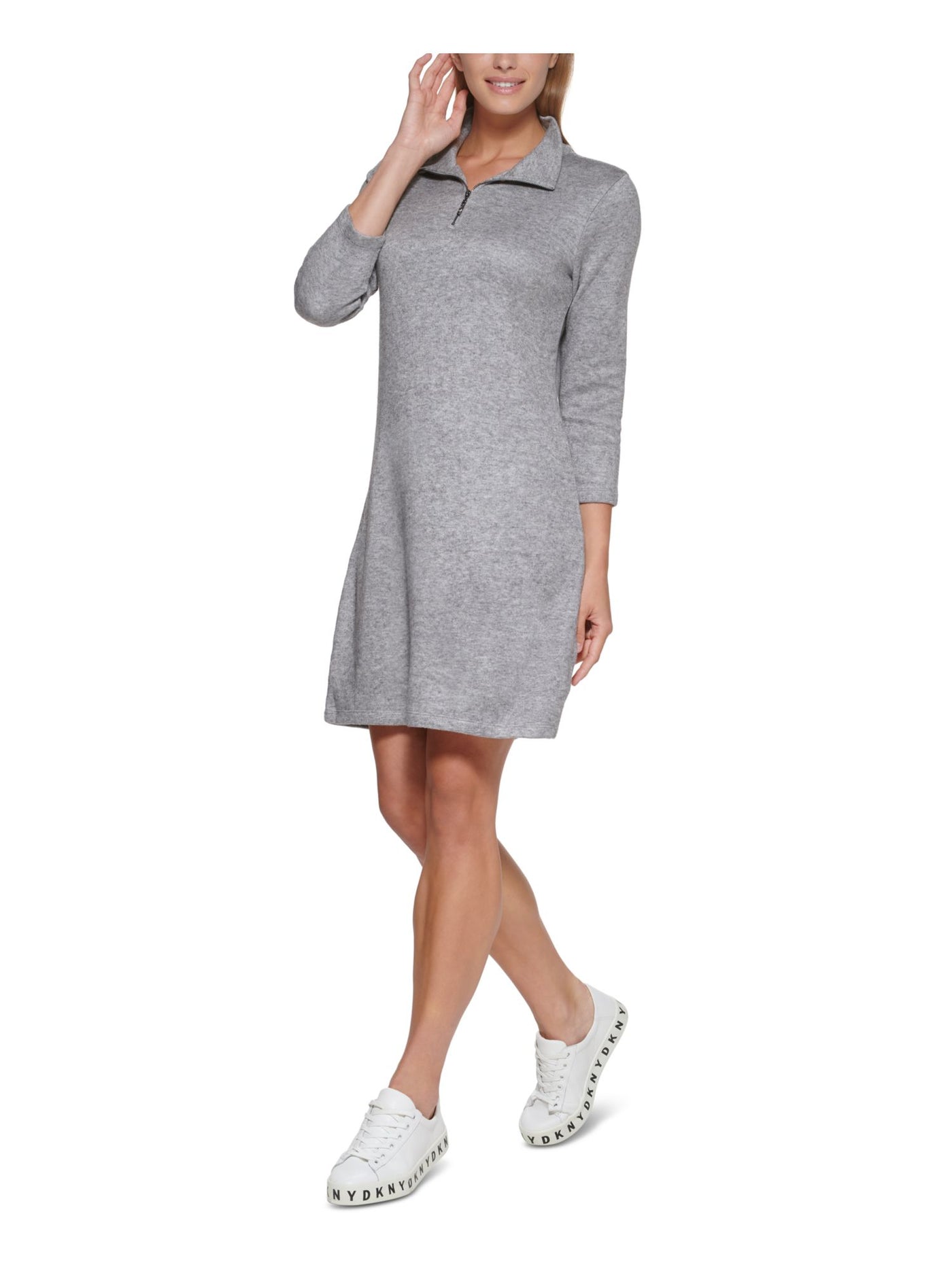 DKNY Womens Gray Knit Zippered Quarter Zip Heather Long Sleeve Mock Neck Above The Knee Sweater Dress S