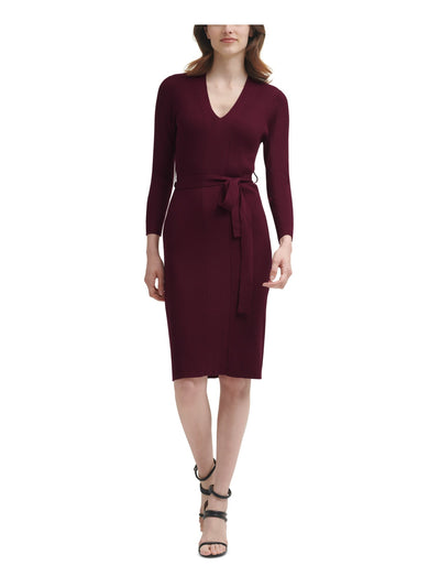 DKNY Womens Burgundy Knit Ribbed Fitted Self Tie Belt Pull Over Long Sleeve V Neck Knee Length Wear To Work Sweater Dress L
