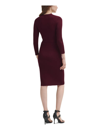 DKNY Womens Burgundy Knit Ribbed Fitted Self Tie Belt Pull Over Sweater Long Sleeve V Neck Knee Length Dress L
