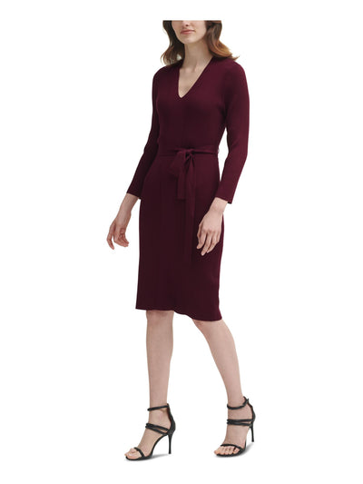 DKNY Womens Burgundy Knit Ribbed Fitted Self Tie Belt Pull Over Long Sleeve V Neck Knee Length Wear To Work Sweater Dress L