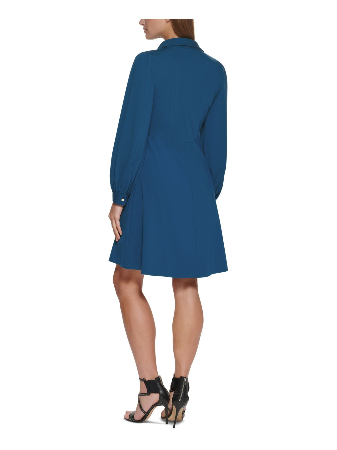 DKNY Womens Blue Stretch Darted Button Front 3/4 Sleeve Point Collar Above The Knee Wear To Work Fit + Flare Dress 14
