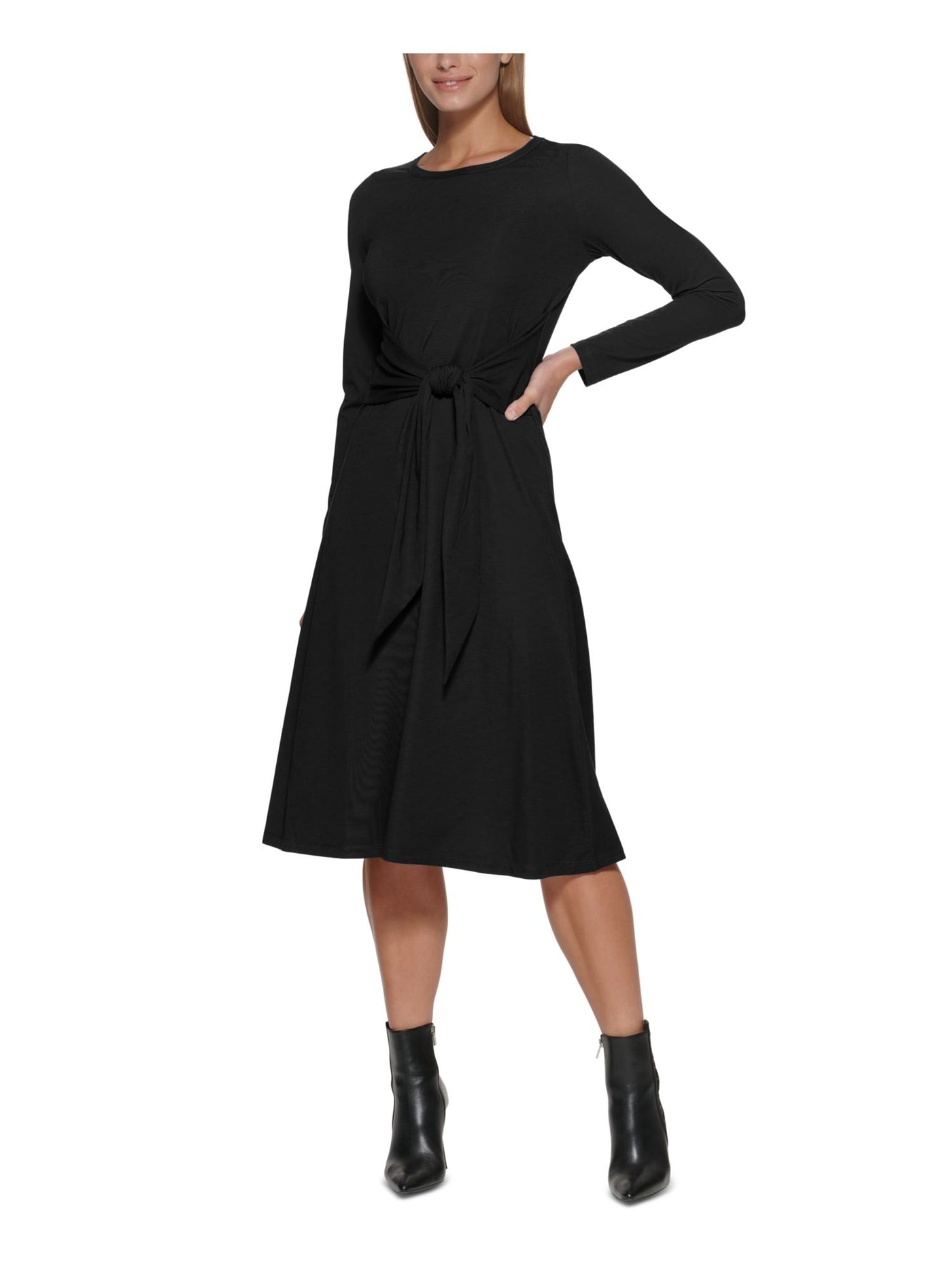 DKNY Womens Black Stretch Tie Long Sleeve Boat Neck Midi Wear To Work Fit + Flare Dress 8