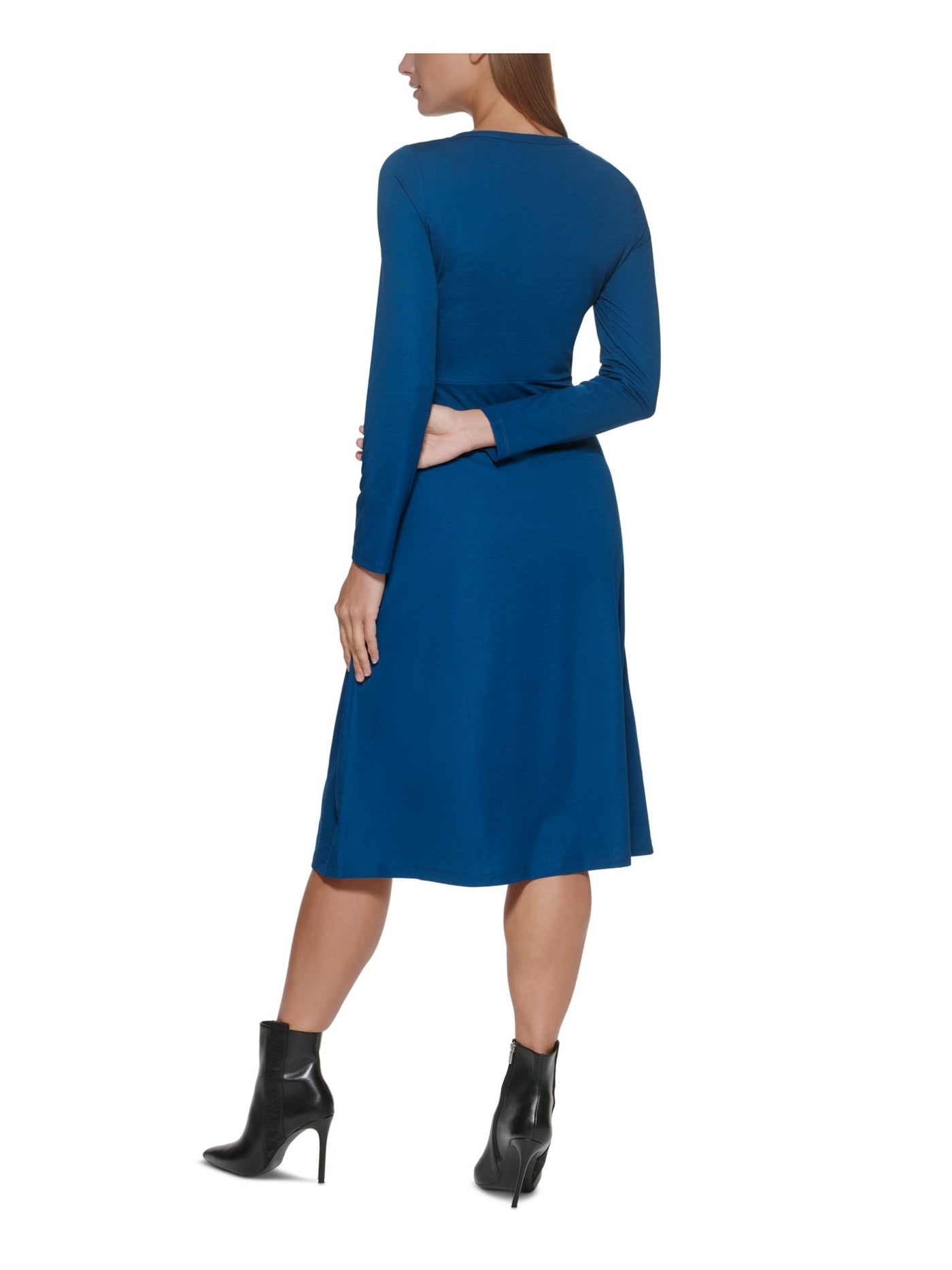 DKNY Womens Stretch Tie Unlined Long Sleeve Boat Neck Midi Wear To Work Fit + Flare Dress