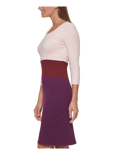CALVIN KLEIN Womens Pink Knit Ribbed Color Block 3/4 Sleeve Round Neck Knee Length Wear To Work Sweater Dress L