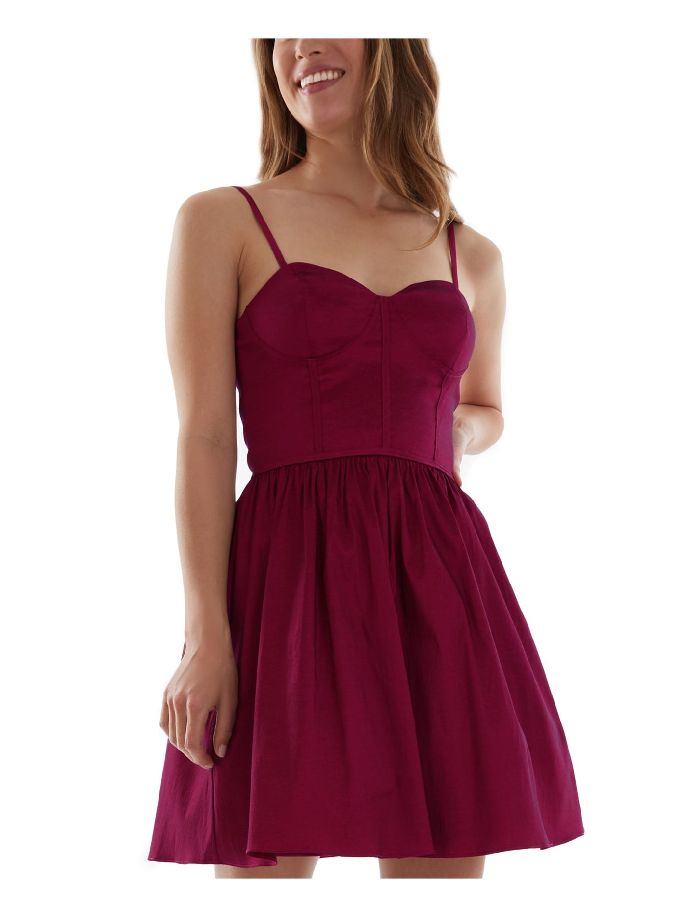 BCX DRESS Womens Burgundy Stretch Zippered Pleated Bustier Style Spaghetti Strap Sweetheart Neckline Mini Party Fit + Flare Dress Juniors 3