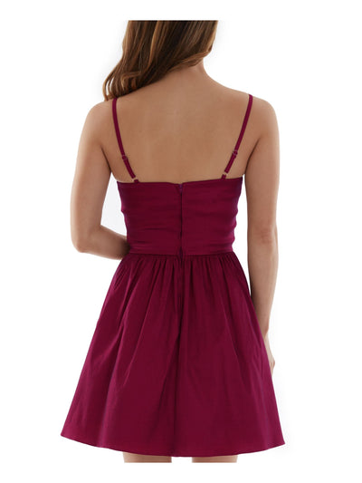 BCX DRESS Womens Burgundy Stretch Zippered Pleated Bustier Style Spaghetti Strap Sweetheart Neckline Mini Party Fit + Flare Dress Juniors 3