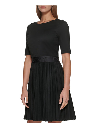 DKNY Womens Stretch Pleated Ribbed Elbow Sleeve Crew Neck Above The Knee Wear To Work Fit + Flare Dress