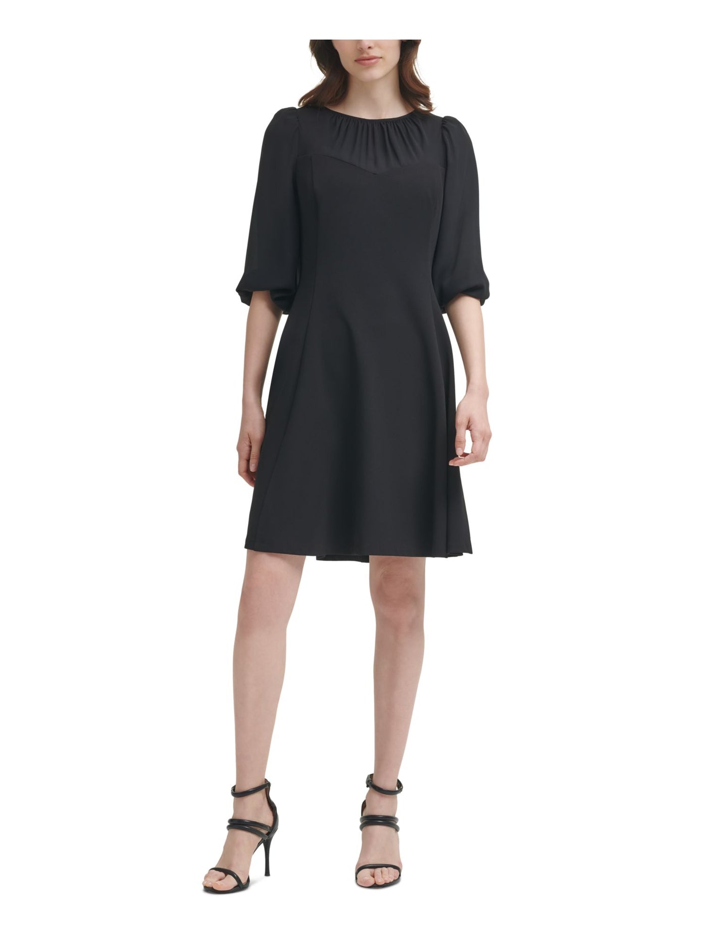DKNY Womens Black Zippered Sheer Keyhole Back Unlined Pouf Sleeve Round Neck Above The Knee Cocktail Fit + Flare Dress 8