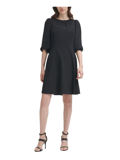 DKNY Womens Black Zippered Sheer Keyhole Back Unlined Pouf Sleeve Round Neck Above The Knee Cocktail Fit + Flare Dress 4