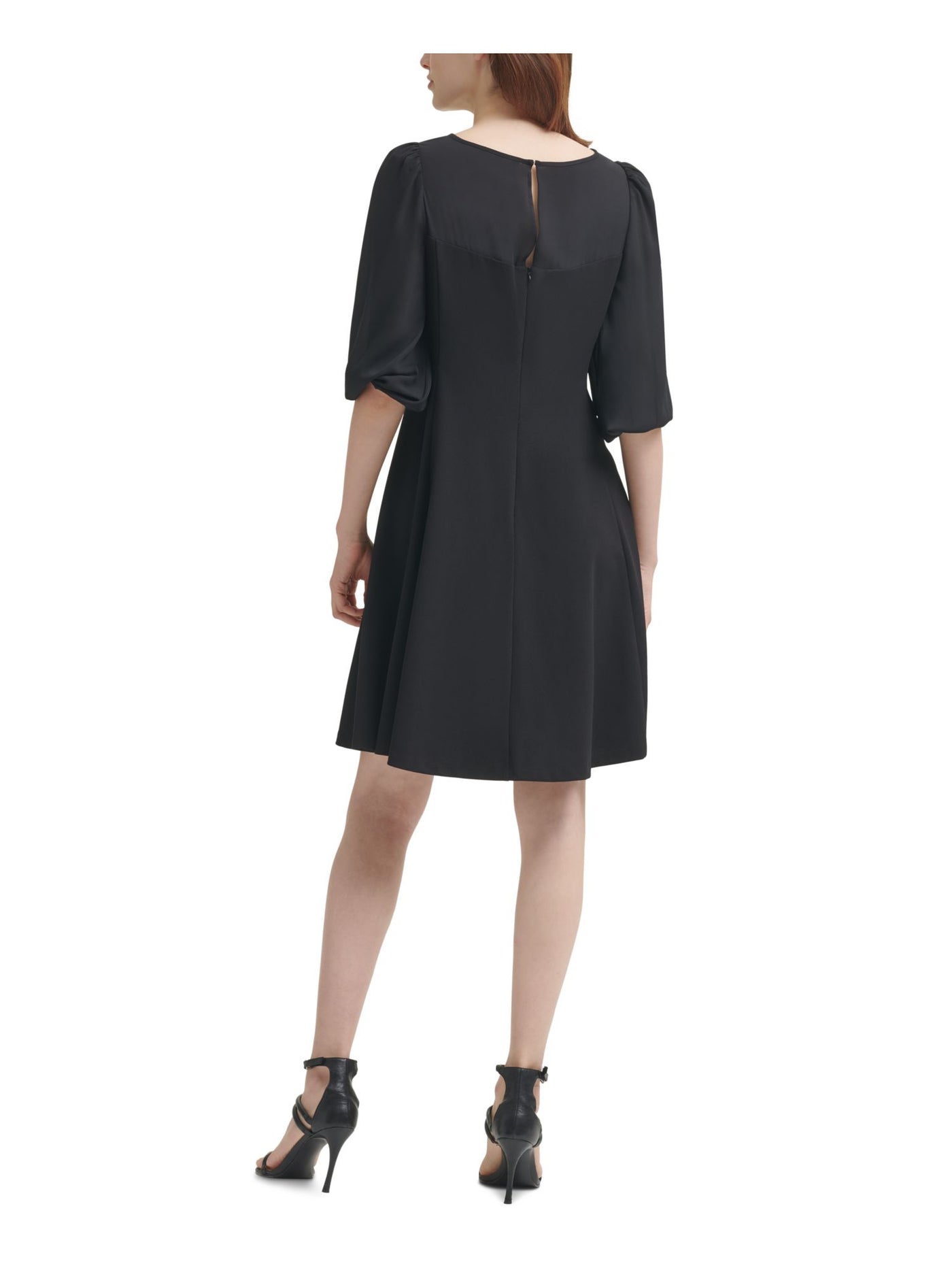 DKNY Womens Black Zippered Sheer Keyhole Back Unlined Pouf Sleeve Round Neck Above The Knee Cocktail Fit + Flare Dress 4