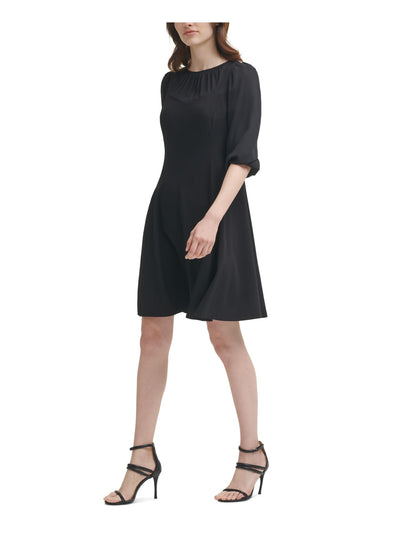 DKNY Womens Black Zippered Sheer Keyhole Back Unlined Pouf Sleeve Round Neck Above The Knee Cocktail Fit + Flare Dress 2