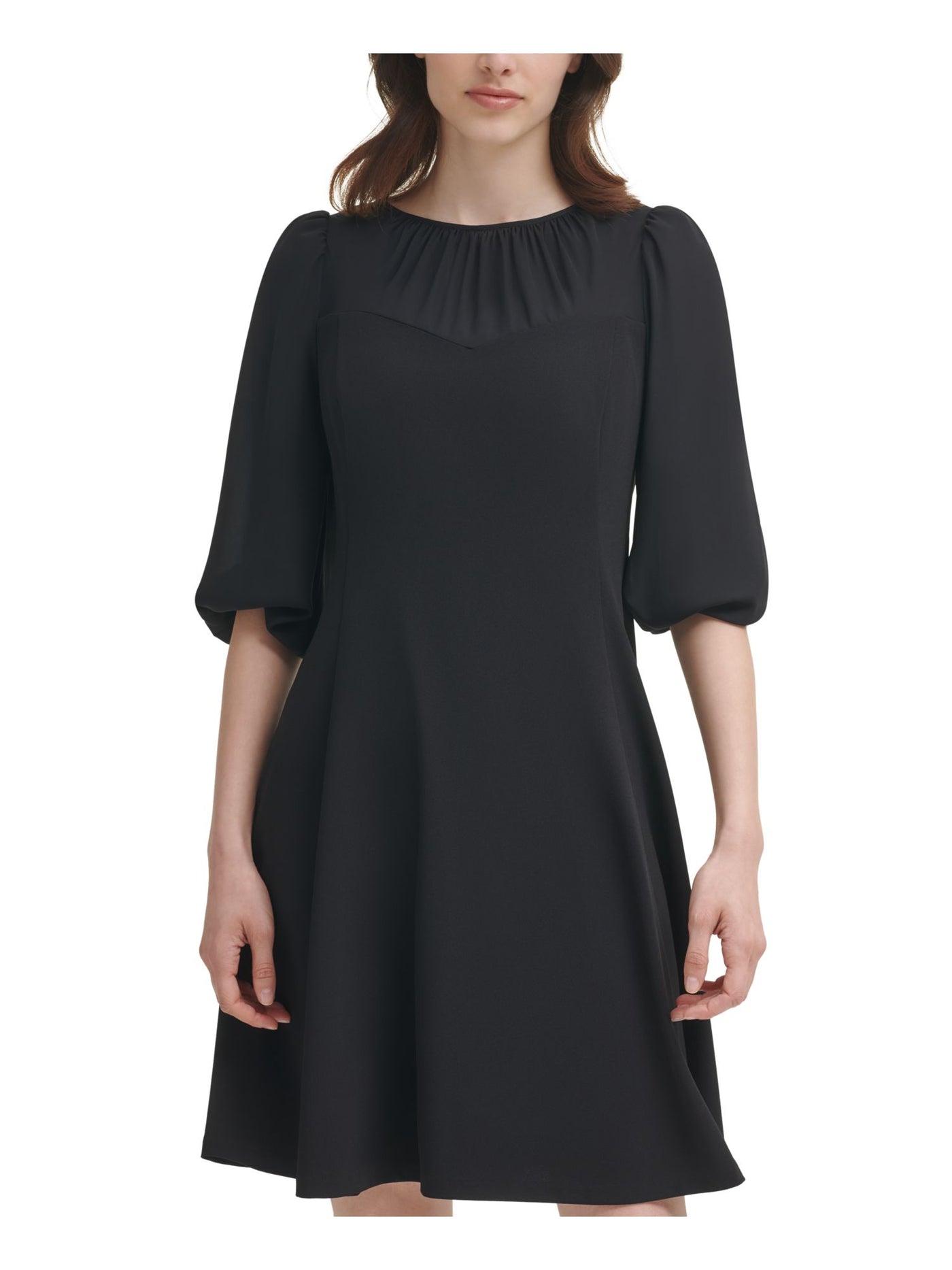 DKNY Womens Black Zippered Sheer Keyhole Back Unlined Pouf Sleeve Round Neck Above The Knee Cocktail Fit + Flare Dress 2