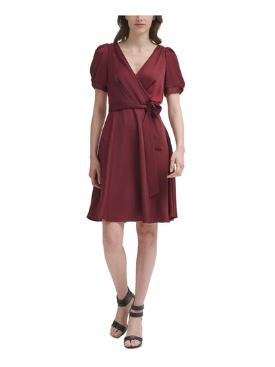VINCE CAMUTO Womens Maroon Smocked Pleated Self Tie Waist Scuba Crepe Butto 3/4 Sleeve Boat Neck Above The Knee Wear To Work Sheath Dress Petites 8P