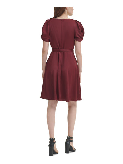 DKNY Womens Maroon Tie Zippered Short Sleeve Surplice Neckline Above The Knee Party Fit + Flare Dress 10