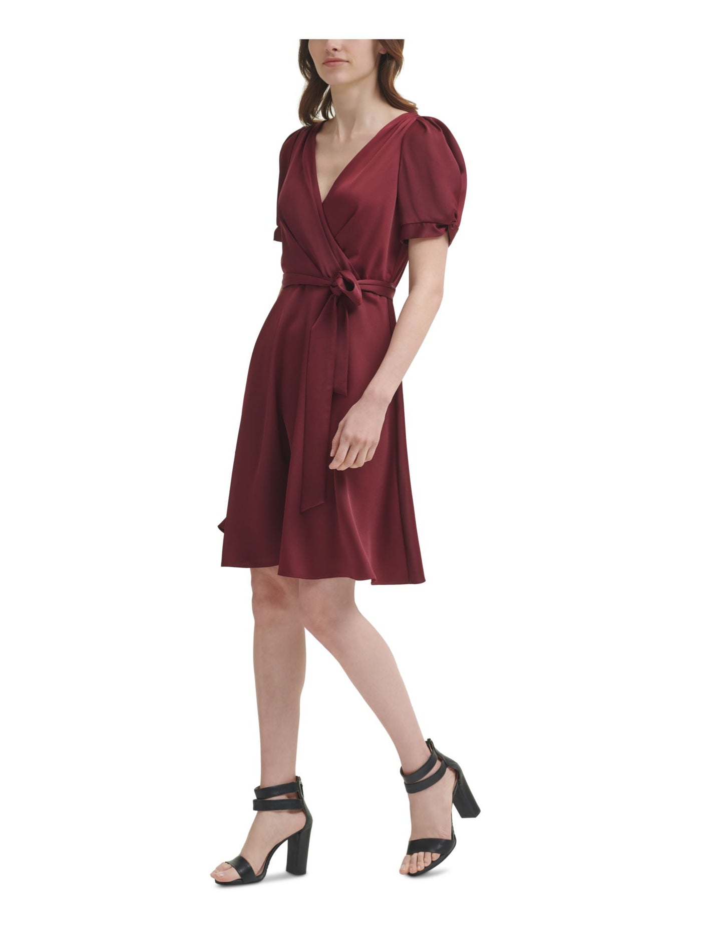 VINCE CAMUTO Womens Maroon Smocked Pleated Self Tie Waist Scuba Crepe Butto 3/4 Sleeve Boat Neck Above The Knee Wear To Work Sheath Dress Petites 8P