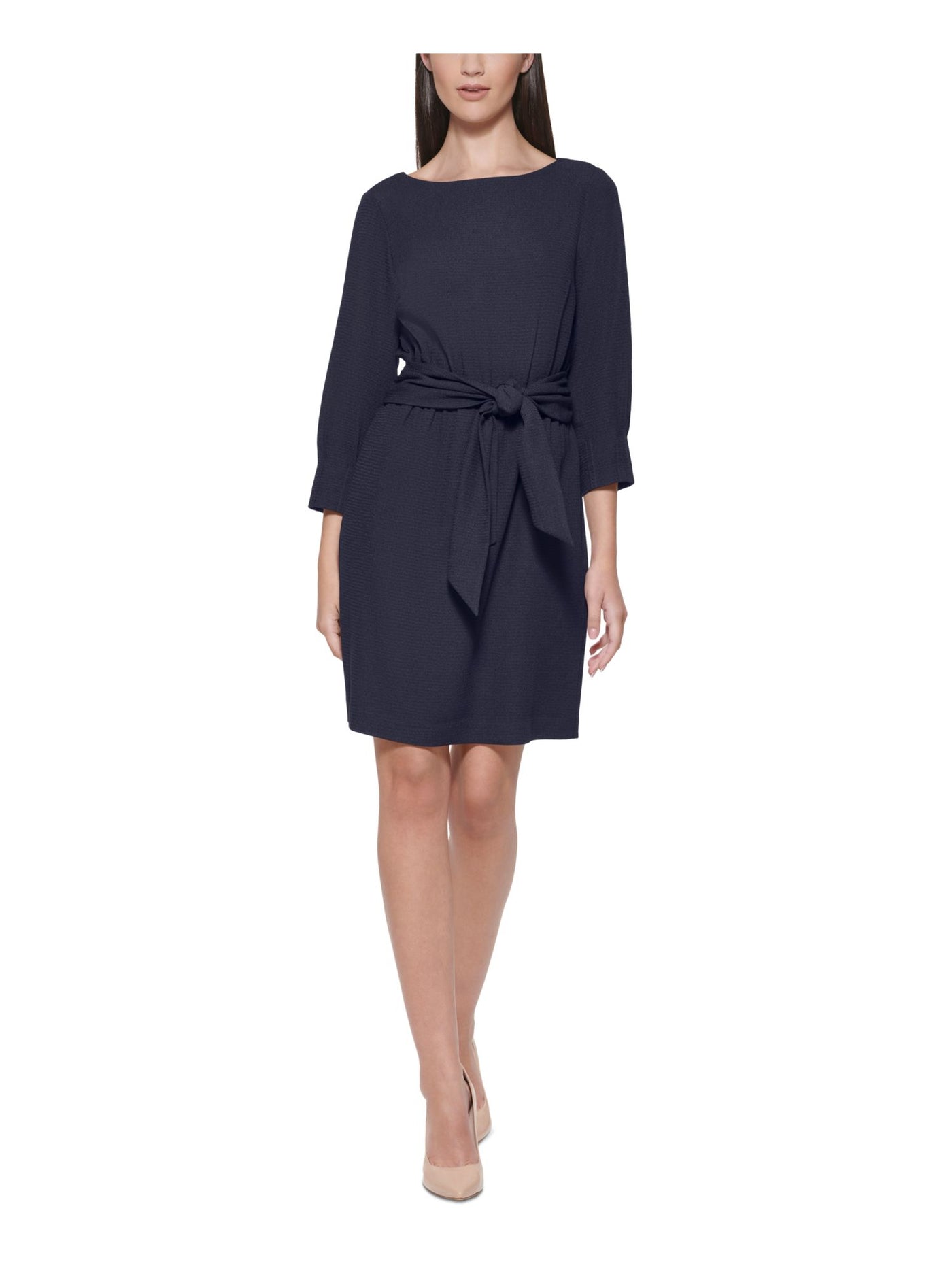VINCE CAMUTO Womens Navy Smocked Pleated Self Tie Waist Scuba Crepe Butto 3/4 Sleeve Boat Neck Above The Knee Wear To Work Sheath Dress Petites 2P