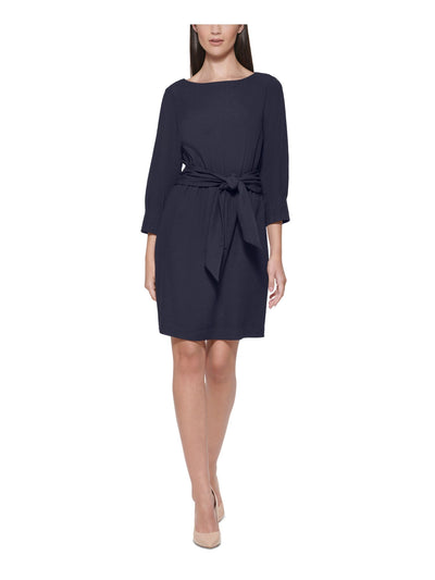 VINCE CAMUTO Womens Navy Smocked Pleated Self Tie Waist Scuba Crepe Butto 3/4 Sleeve Boat Neck Above The Knee Wear To Work Sheath Dress Petites 2P