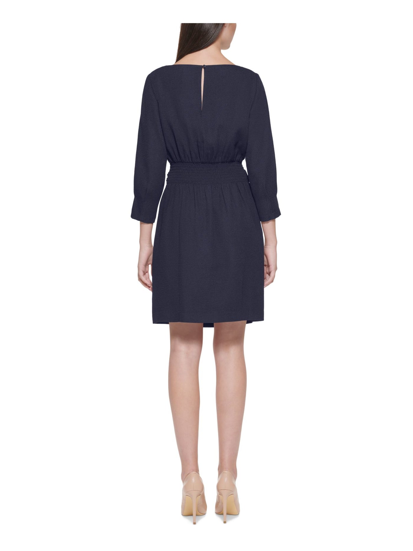 VINCE CAMUTO Womens Navy Smocked Pleated Self Tie Waist Scuba Crepe Butto 3/4 Sleeve Boat Neck Above The Knee Wear To Work Sheath Dress Petites 2P