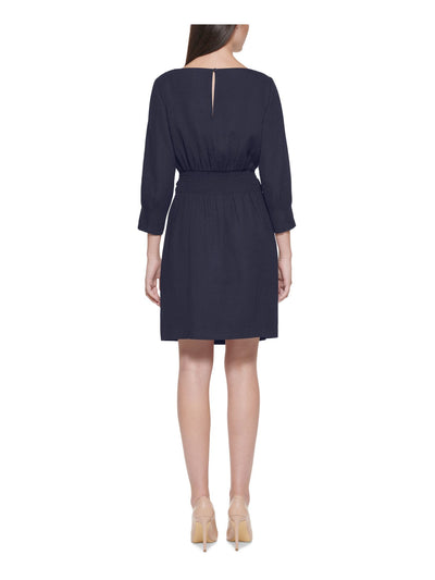 VINCE CAMUTO Womens Navy Smocked Pleated Self Tie Waist Scuba Crepe Butto 3/4 Sleeve Boat Neck Above The Knee Wear To Work Sheath Dress Petites 2P