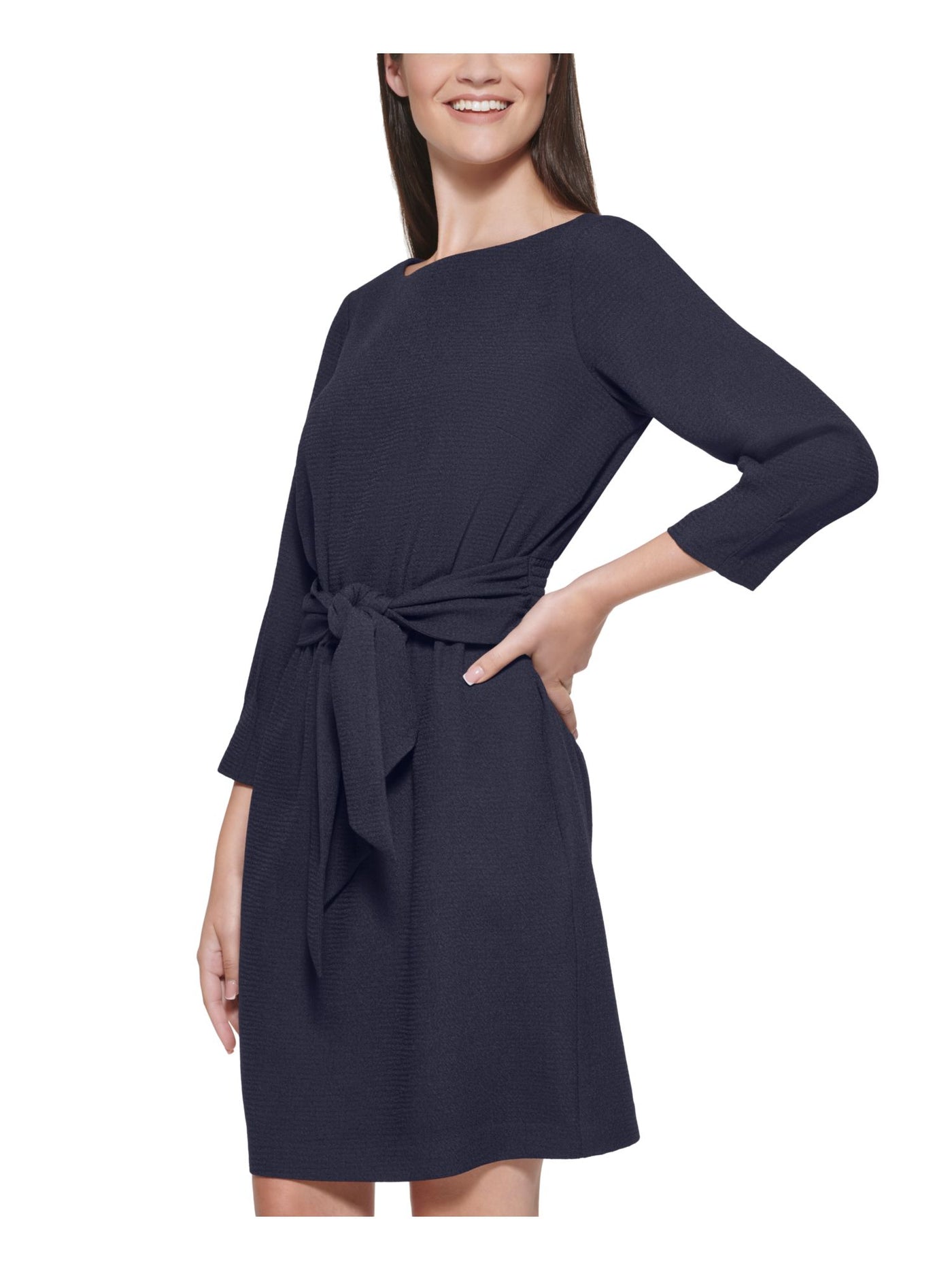 VINCE CAMUTO Womens Navy Smocked Pleated Self Tie Waist Scuba Crepe Butto 3/4 Sleeve Boat Neck Above The Knee Wear To Work Sheath Dress Petites 2P