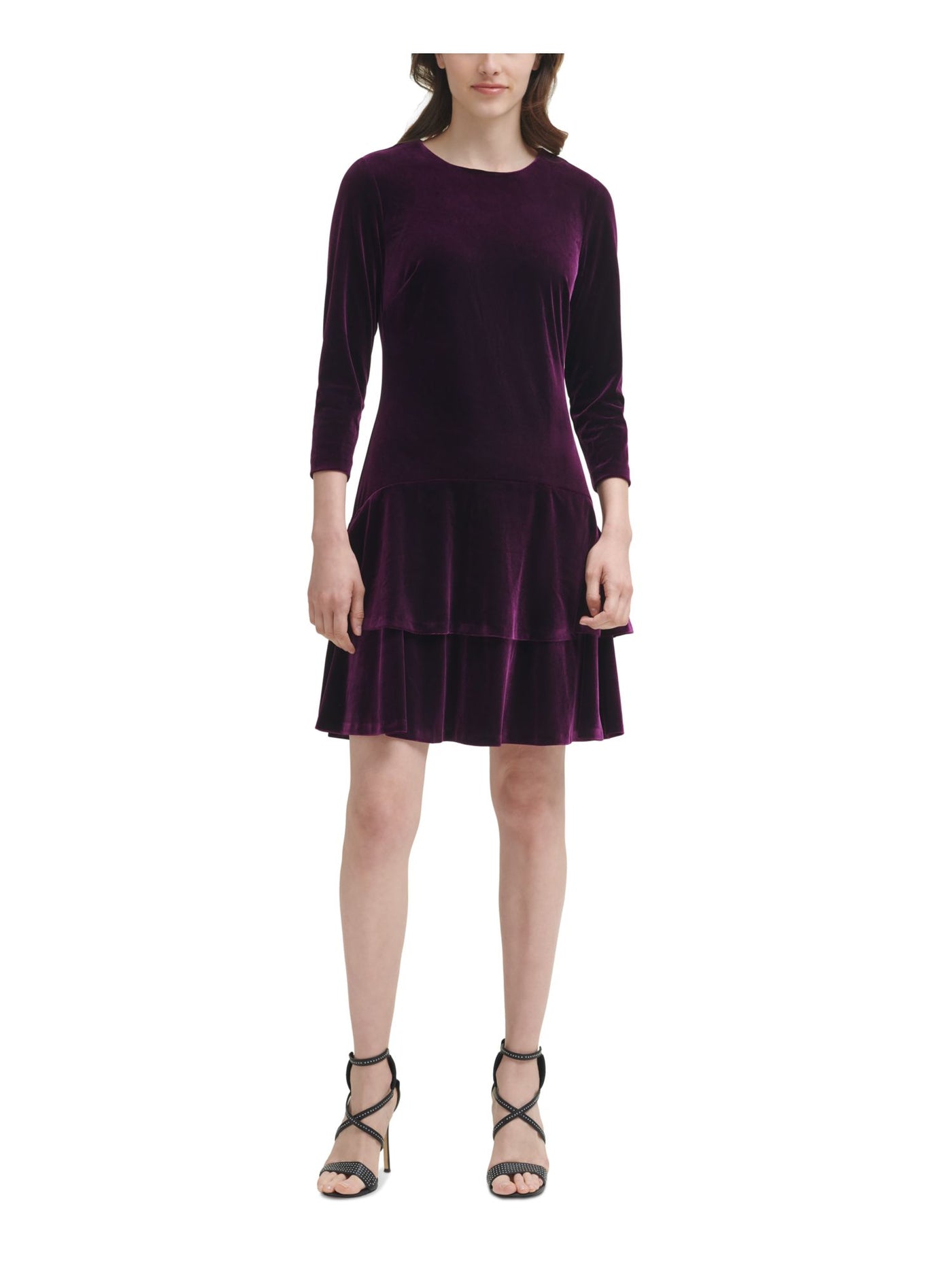 DKNY Womens Purple Stretch Zippered Velvet Tiered Ruffled Hem 3/4 Sleeve Crew Neck Above The Knee Party Sheath Dress 8