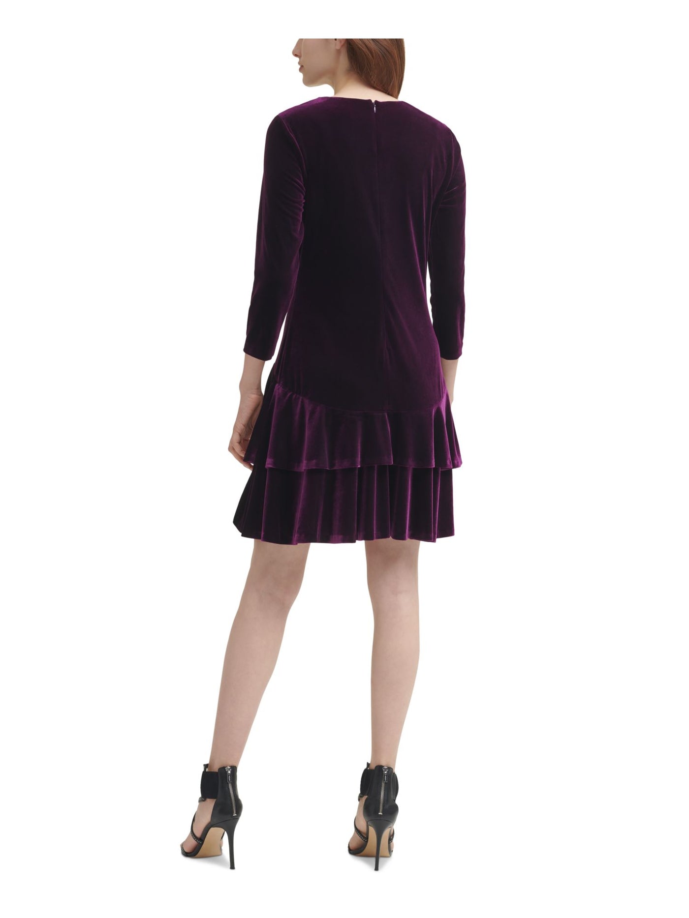 DKNY Womens Purple Stretch Zippered Velvet Tiered Ruffled Hem 3/4 Sleeve Crew Neck Above The Knee Party Sheath Dress 2