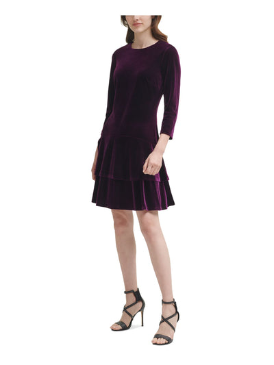 DKNY Womens Purple Stretch Zippered Velvet Tiered Ruffled Hem 3/4 Sleeve Crew Neck Above The Knee Party Sheath Dress 8