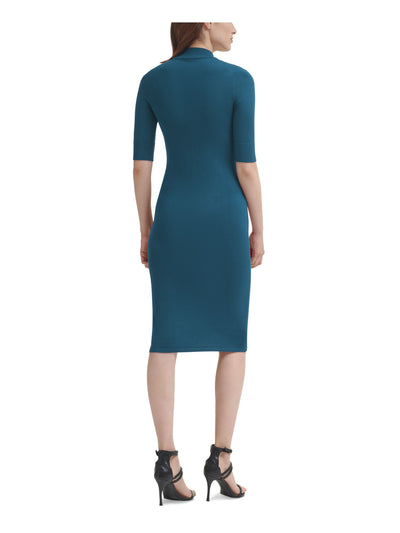 DKNY Womens Teal Knit Elbow Sleeve Mock Neck Knee Length Wear To Work Sweater Dress XL