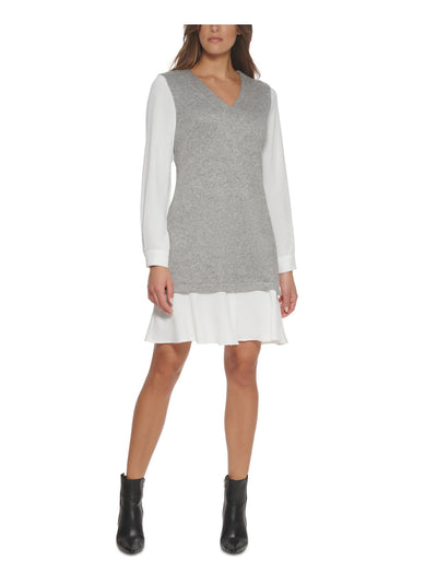 DKNY Womens Cuffed Sleeve V Neck Above The Knee Wear To Work Sweater Dress