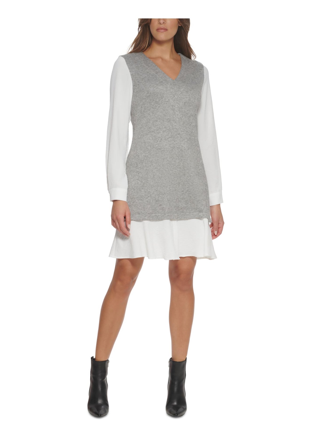 DKNY Womens Gray Heather Cuffed Sleeve V Neck Above The Knee Wear To Work Sweater Dress L